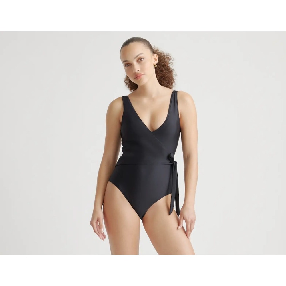 Quince Italian Wrap One Piece‎ Swimsuit Black Recycled Polyamide Size M NWT
